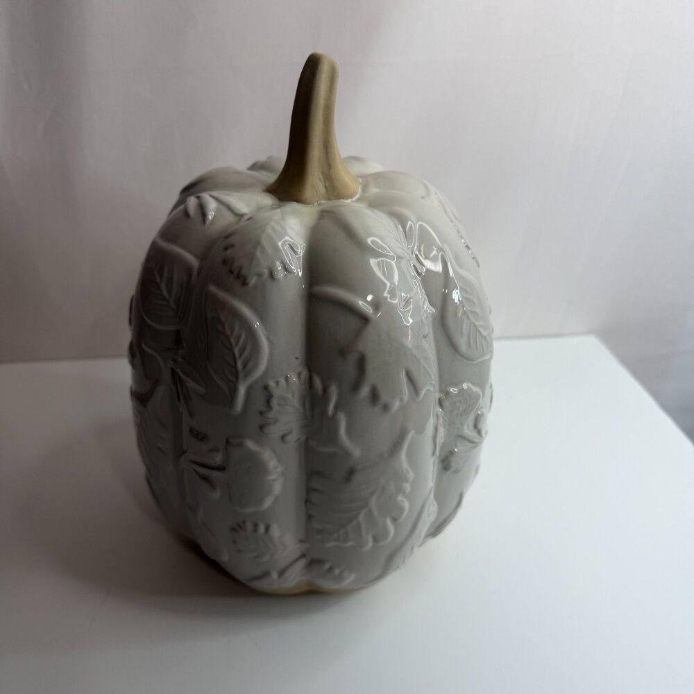Celebrate Together Kohl's Ceramic Pumpkin Embossed Fall Harvest Decor Lt Gray - Picture 4 of 4